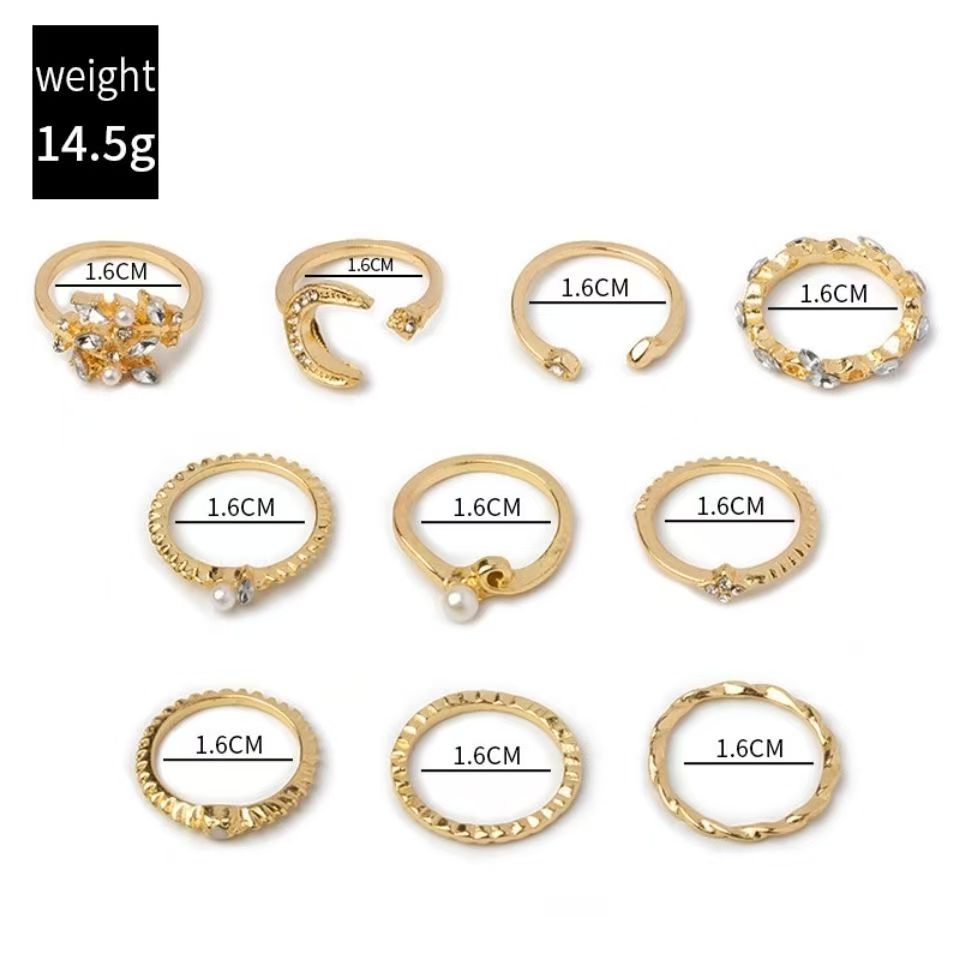10 Pcs Ring Set, Moon Star Leaf Heart Rhinestone Knuckle Rings Combo