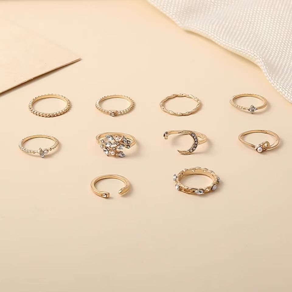 10 Pcs Ring Set, Moon Star Leaf Heart Rhinestone Knuckle Rings Combo