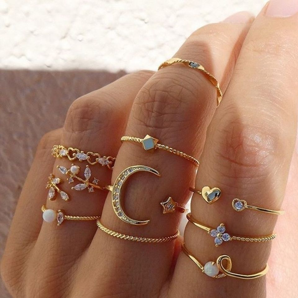 10 Pcs Ring Set, Moon Star Leaf Heart Rhinestone Knuckle Rings Combo